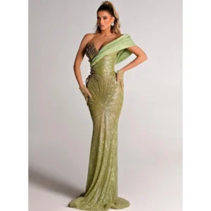 Luxury Green Prom Dress One Shoulder Sequin Embroidery Maxi Evening Gown