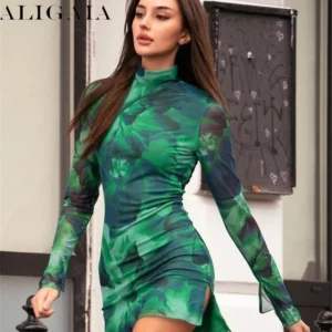 Floral Green Prom Dress Turtleneck Mesh Sheer Bodycon Mini Party Dress