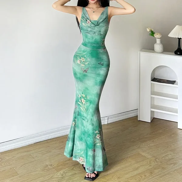 Mint Green Ruffle Mesh Dress With Butterfly Print Slim Waist Long Gown - Image 2
