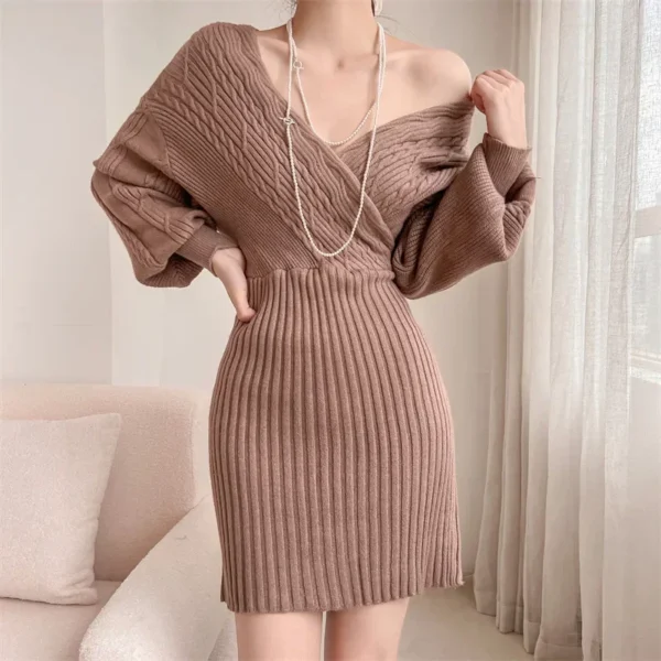 Women Green V-Neck Knit Crochet Dress Sexy Y2K Streetwear Jumper - Image 3