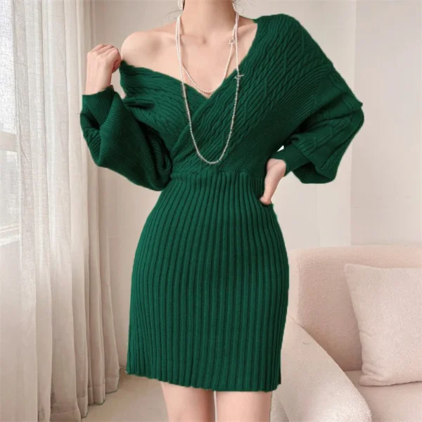 Women Green V-Neck Knit Crochet Dress Sexy Y2K Streetwear Jumper