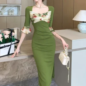 Vintage Green Prom Dress Floral Mesh Square Collar Bodycon Midi Dress