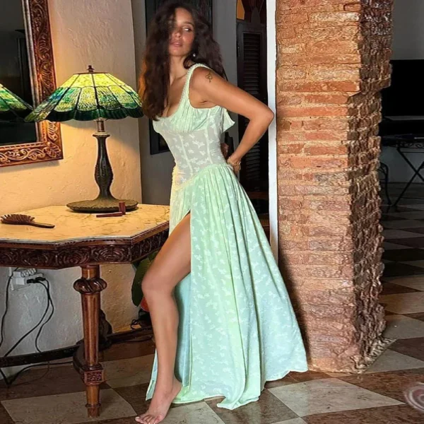 Elegant Green Spaghetti Strap High Slit Maxi Dress For Evening Party - Image 2