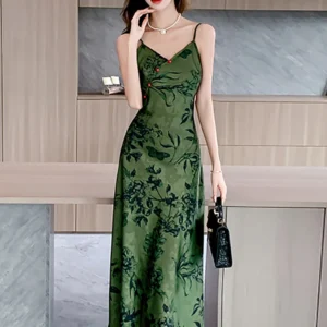 Elegant Green Prom Dress Floral V-Neck Satin Sling Maxi Dress