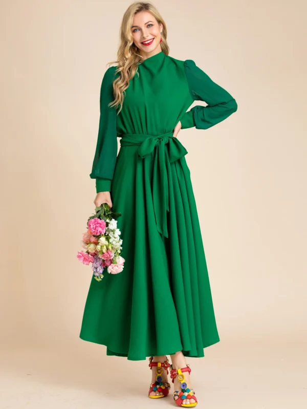 Elegant Green Long Sleeve Belted Chiffon Draped Maxi Dress for Women