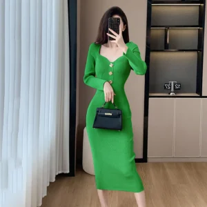 French Vintage Green Prom Dress Square Neck Knitted Midi Dress