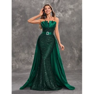 Luxury Green Prom Dress Sequin Backless Formal Maxi Evening Gown