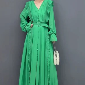 Elegant Autumn Green V Neck Loose Long Sleeve Dress For Women