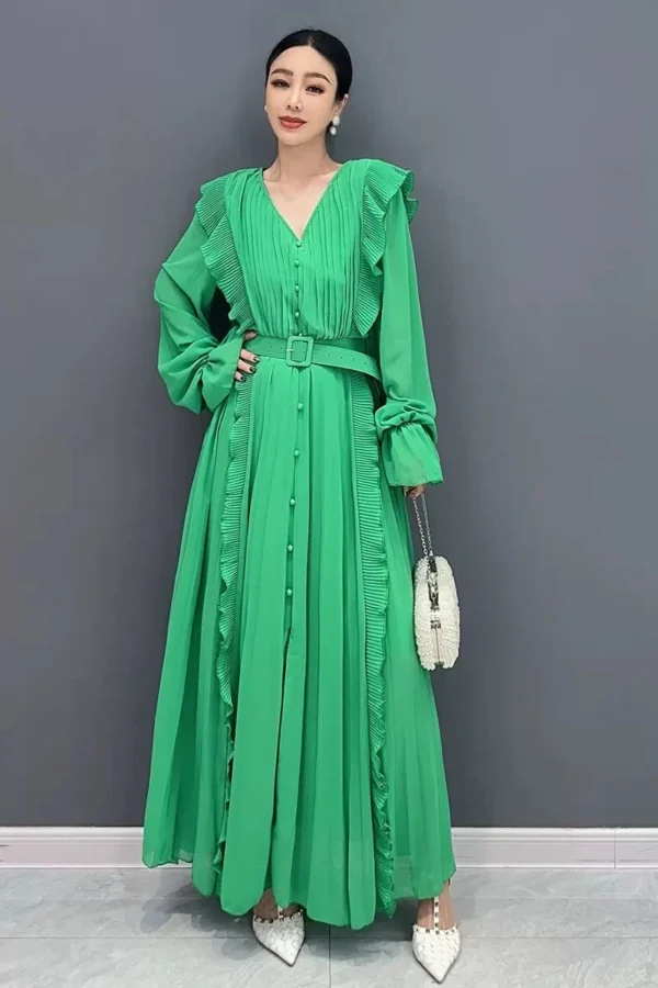 Elegant Autumn Green V Neck Loose Long Sleeve Dress For Women