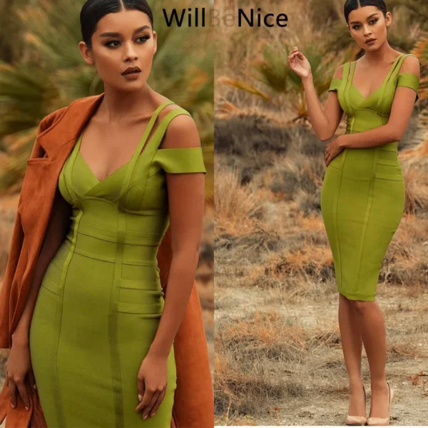 White Green Pink Bandage Bodycon Dress V Neck Party Maxi Vestido