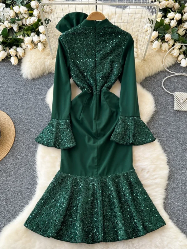 French Green Sequin Bow Fishtail Ruffle Vintage Evening Party Dress - Image 2