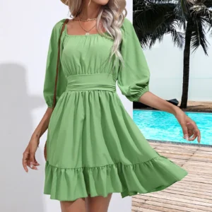 Vintage Sweetheart Sleeve Green A-Line Sundress For Holiday Vacation