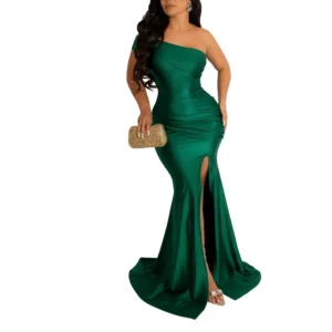 Luxury Green Prom Dress One Shoulder Pleated Slit Maxi Gown