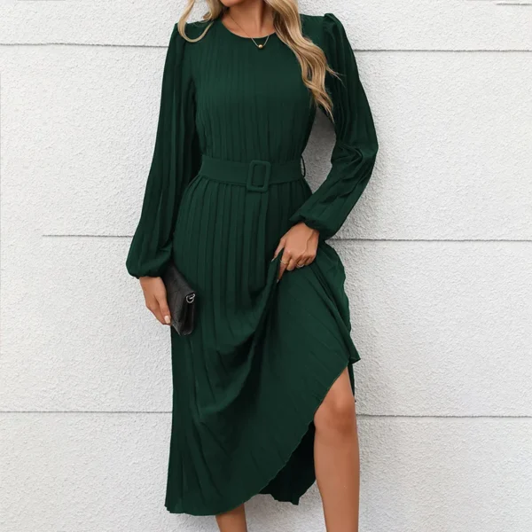 Elegant Dark Green Pleated Maxi Dress Long Sleeve Button Up - Image 4