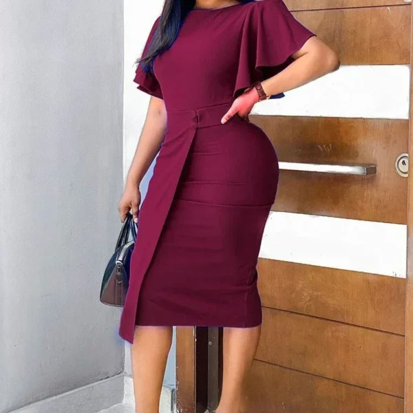 Green Slim Ruffles Bodycon Round Neck Short Sleeve Party Dress - Image 2
