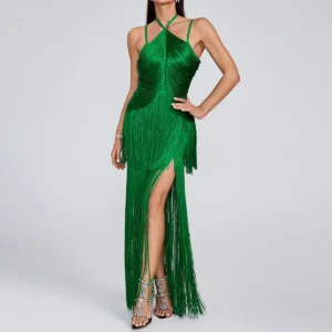 Elegant Green Prom Dress Spaghetti Strap Bandage Tassel Maxi Dress