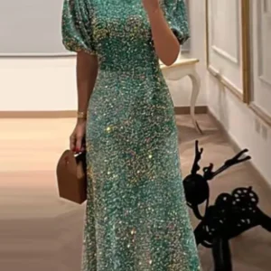 Sparkling Green Prom Dress Sequin Lantern Sleeve High Waist Party Dress