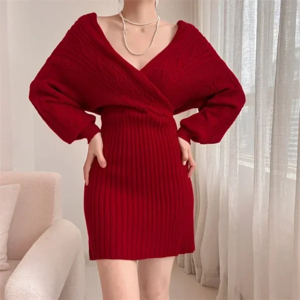 Women Green V-Neck Knit Crochet Dress Sexy Y2K Streetwear Jumper - Image 5