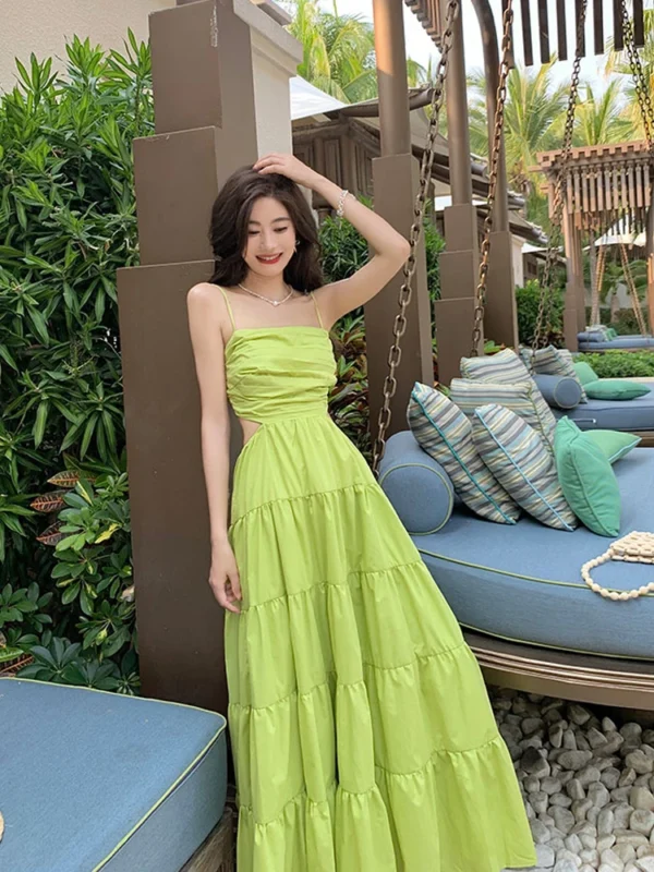Sexy Hollow Out Green Sleeveless High Waist Midi Dress 2025 Summer - Image 3