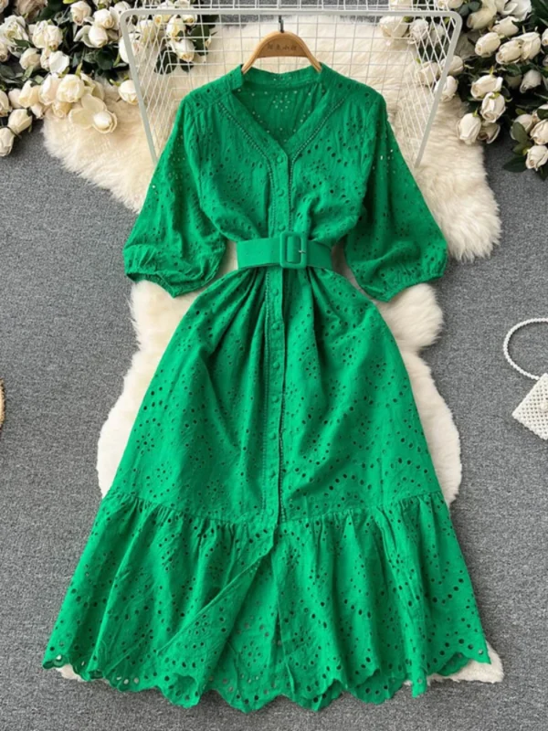 Green White Korean Chic Lace Flower Waist Summer Dress For Women 2025