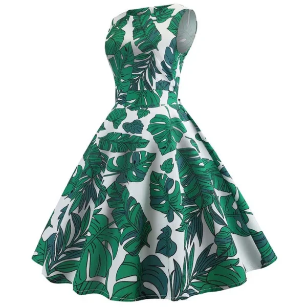 Women Summer Sleeveless Green Leaf Print Midi Vintage Party Dress - Image 3