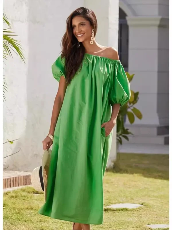 New Green Casual Puff Sleeves Slant Shoulder Elegant Party Dress - Image 3