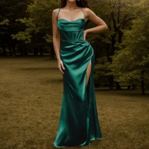 Sexy Green Prom Dress Satin Corset Ruched Maxi Party Dress