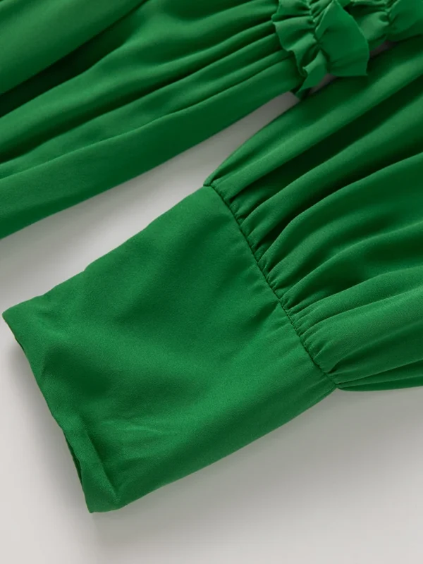 Green Vintage Single Breasted Dress Lantern Sleeve Stand Collar Autumn Fashion - Image 7