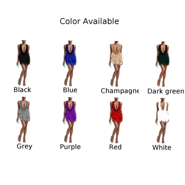 Elegant Party Backless Dress With Feather Details Dark Green Elastic - Image 3