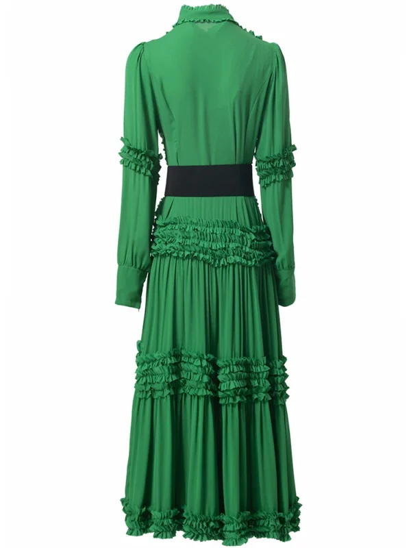 Green Vintage Single Breasted Dress Lantern Sleeve Stand Collar Autumn Fashion - Image 2