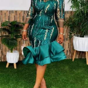 Glitter Green Prom Dress Sequin Fishtail Bodycon Midi Party Gown