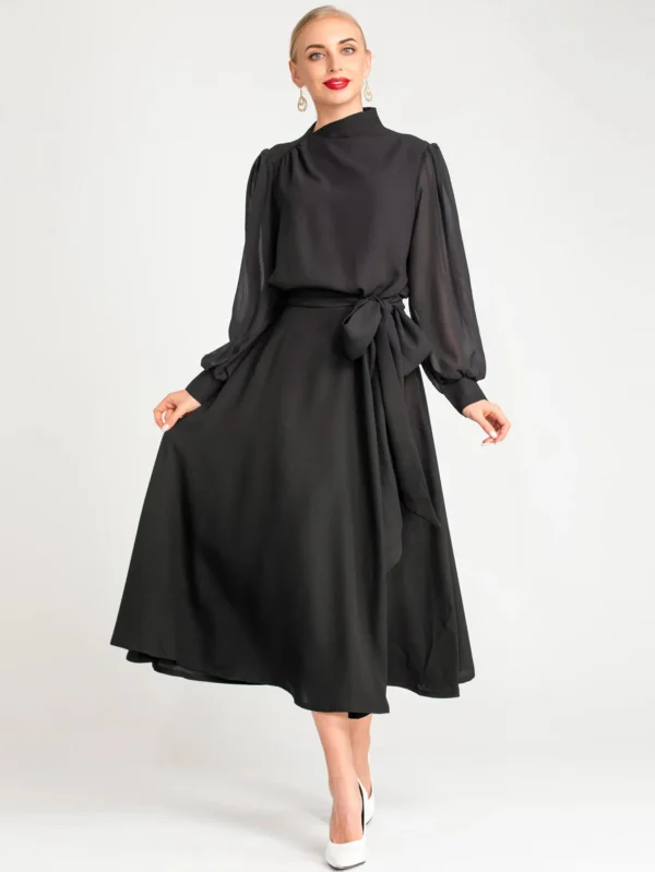 Elegant Green Long Sleeve Belted Chiffon Draped Maxi Dress for Women - Image 5