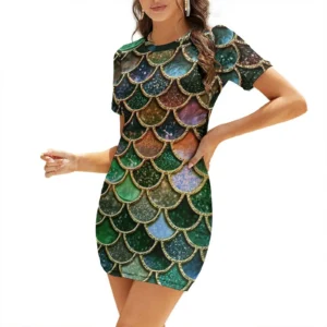 Sparkly Green Prom Dress Glitter Mermaid Scale Sleeve Party Dress