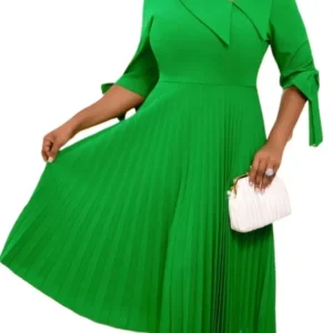 Elegant Green Prom Dress Pleated A-Line Midi Bow Half Sleeve Dress