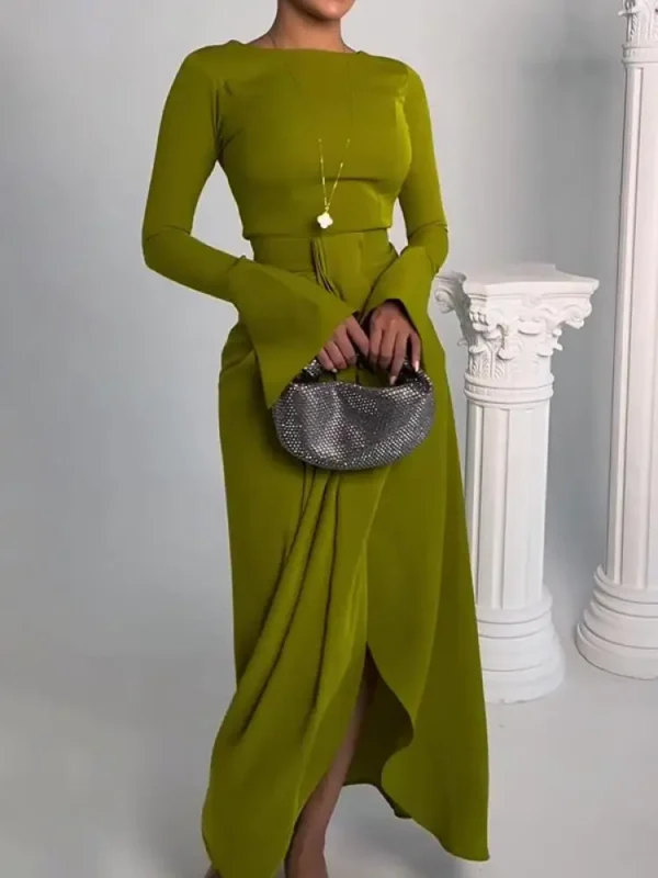 Green Prom Dress Elegant Long Sleeve High Waist Pleated Maxi Gown - Image 4