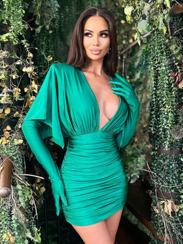 VC Fashion Green Sexy V-Neck Draped Slim Mini Dress With Gloves - Image 4