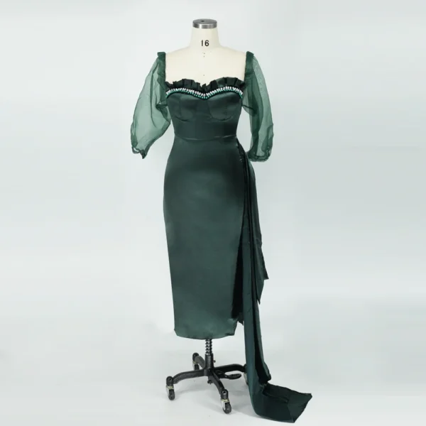 Elegant Green Wrap Bodycon Dress With Ruffles Bubble Sleeve 2025 - Image 3