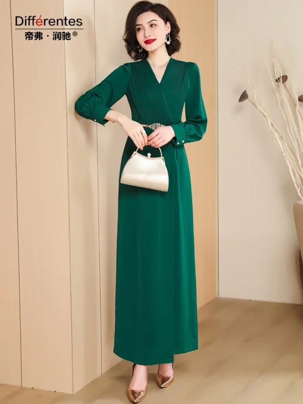 V-neck Elegant Green Long Sleeve Bodycon Evening Party Dress Women - Image 3