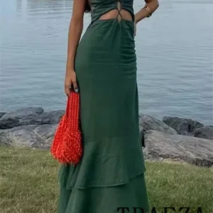 Vintage Green Prom Dress Halter Backless Tiered Sleeveless Summer Dress