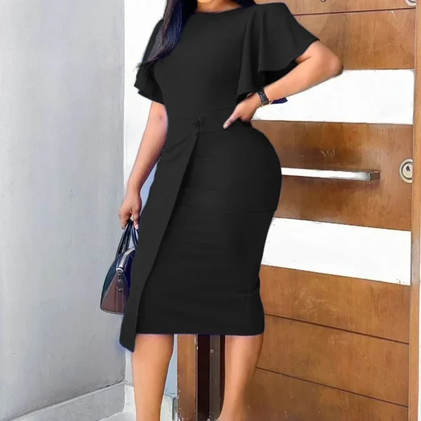 Green Slim Ruffles Bodycon Round Neck Short Sleeve Party Dress - Image 4