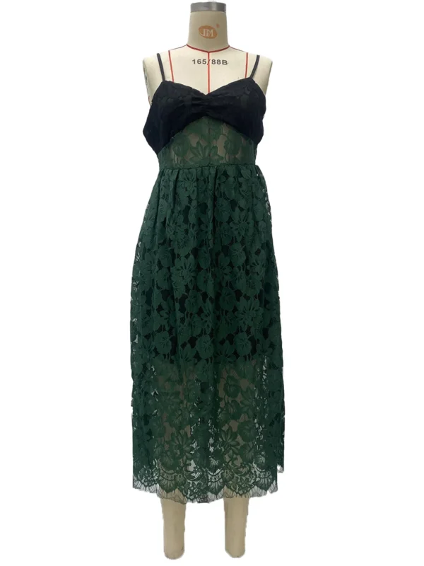 Sexy Green Lace Strap Dress With Hollow Multi-Layer Holiday Style Wear - Image 4