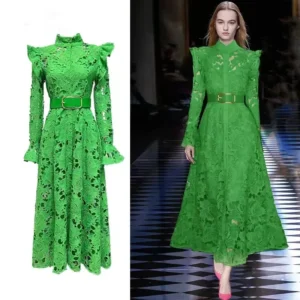 Vintage Green Prom Dress Lace Stand Collar Ruffle Sleeve Midi Dress