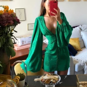 Sexy Green Prom Dress Satin Deep V Lantern Sleeve Mini Dress