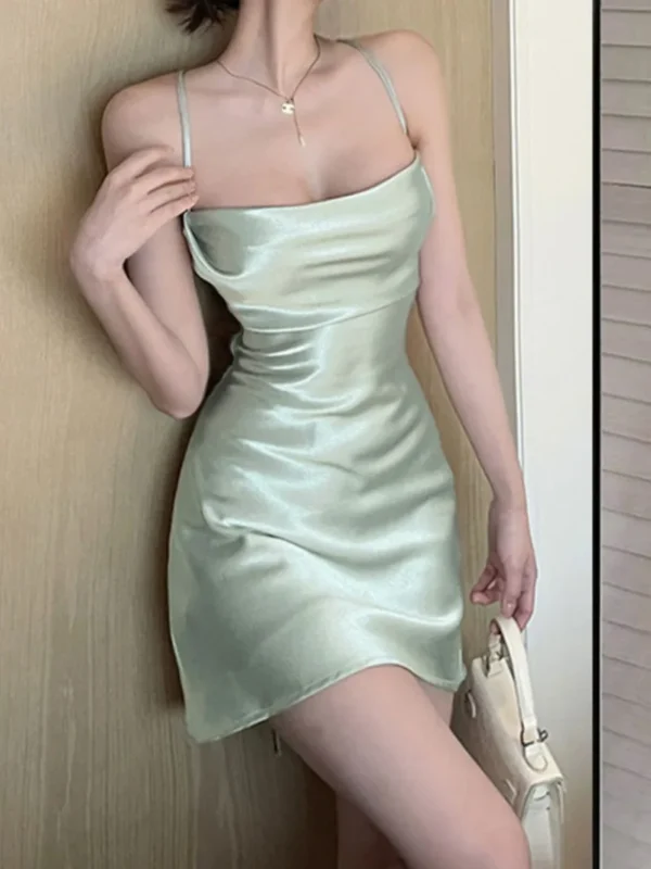 Mint Green Satin Suspender Dress Backless Short Skirt Summer 2025