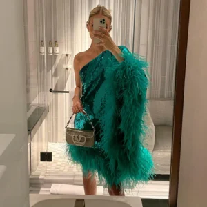 Celebrity Green Prom Dress One Shoulder Sequin Feather Mini Party Dress