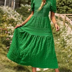 Green Summer Elegant Slim A-Line O-Neck Maxi Dress Women Birthday