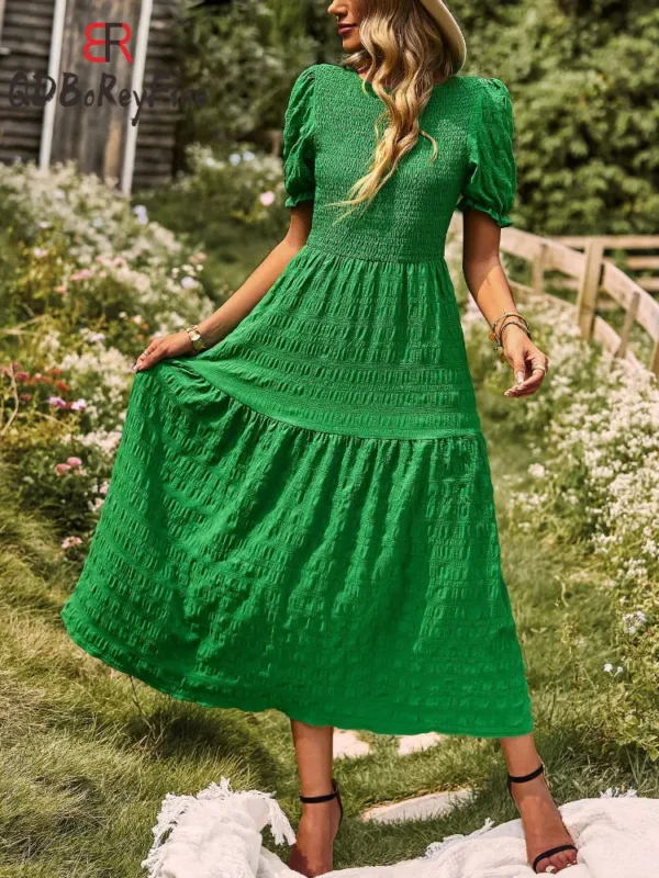 Green Summer Elegant Slim A-Line O-Neck Maxi Dress Women Birthday