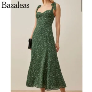 Floral Green Prom Dress Summer Print Midi Party Dress