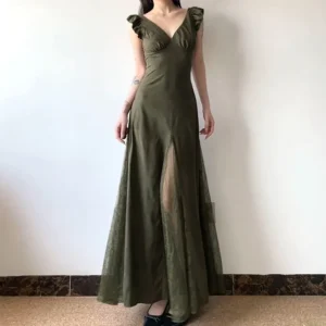 Vintage Olive Green Prom Dress Lace V-Neck A-Line Pleated Maxi Dress