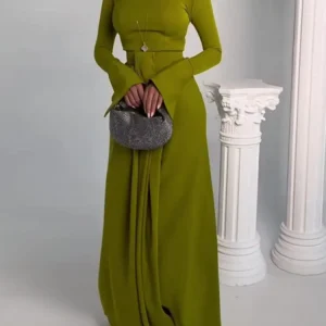 Elegant Green Prom Dress High Neck Long Sleeve Ruffle Maxi Party Dress